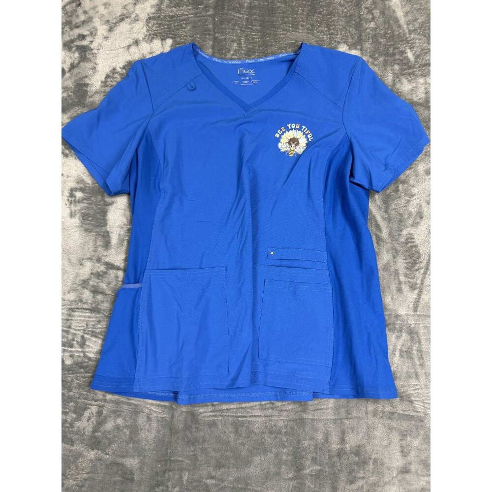 Cherokee Iflex Womens Scrub Top XL Blue Embroidered Bee Design Short Sleeve